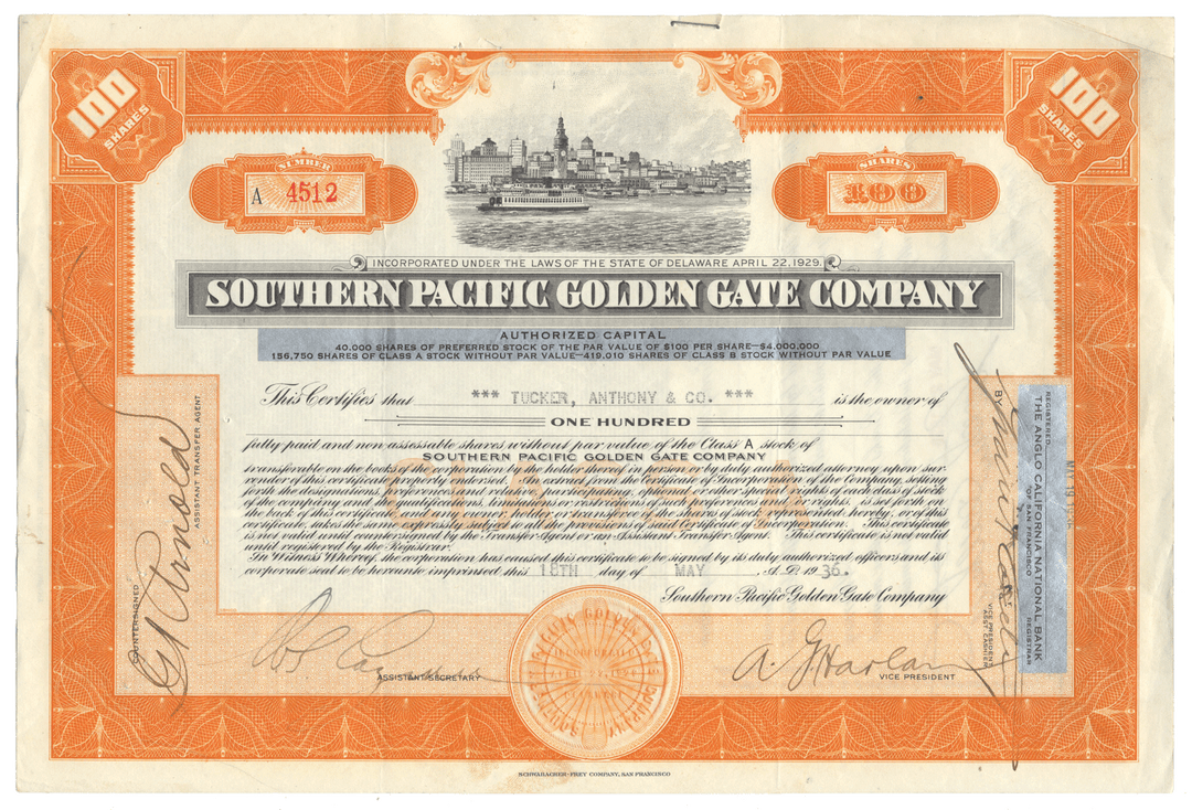 Vintage stock certificate for Southern Pacific Golden Gate Company with decorative elements from 1936