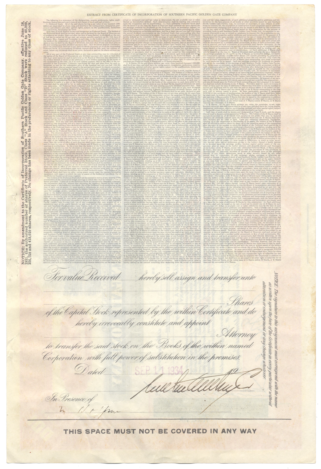 Southern Pacific Golden Gate Company Stock Certificate