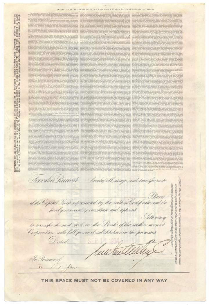 Southern Pacific Golden Gate Company Stock Certificate