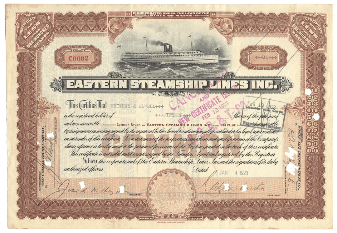Stock certificate of Eastern Steamship Lines Inc. with ship illustration and ornate design.