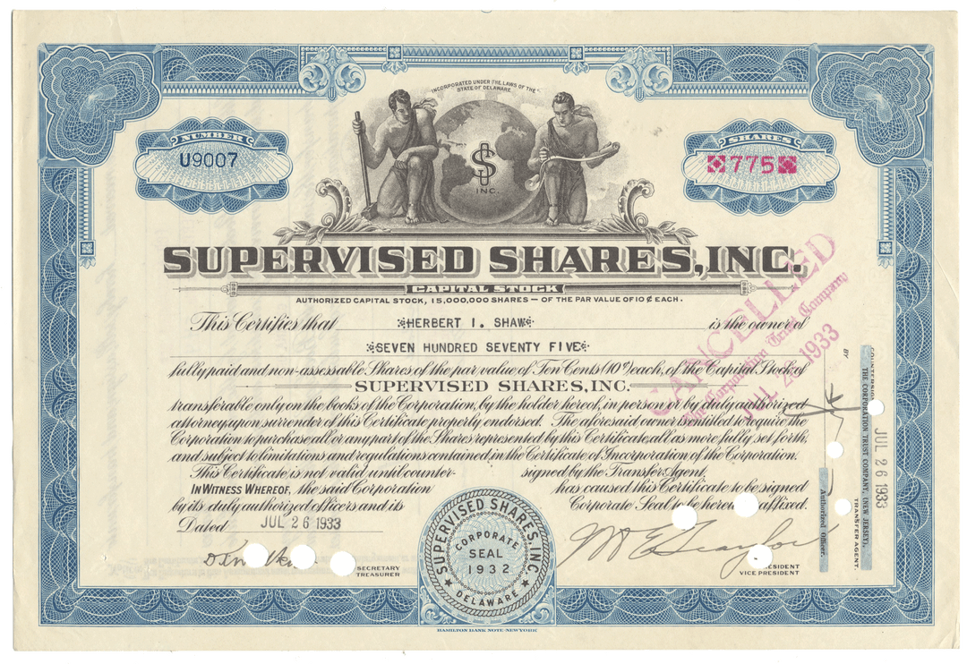 Vintage stock certificate from Supervised Shares, Inc. with decorative elements and text.