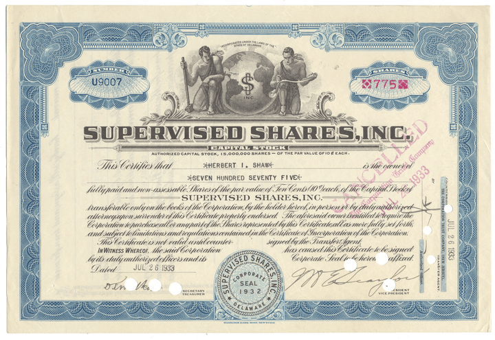 Vintage stock certificate from Supervised Shares, Inc. with decorative elements and text.