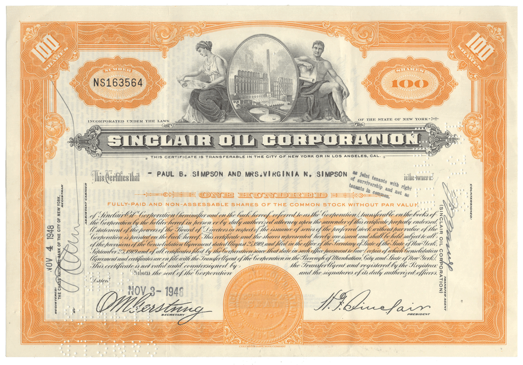 Sinclair Oil Corporation stock certificate with decorative elements and text.