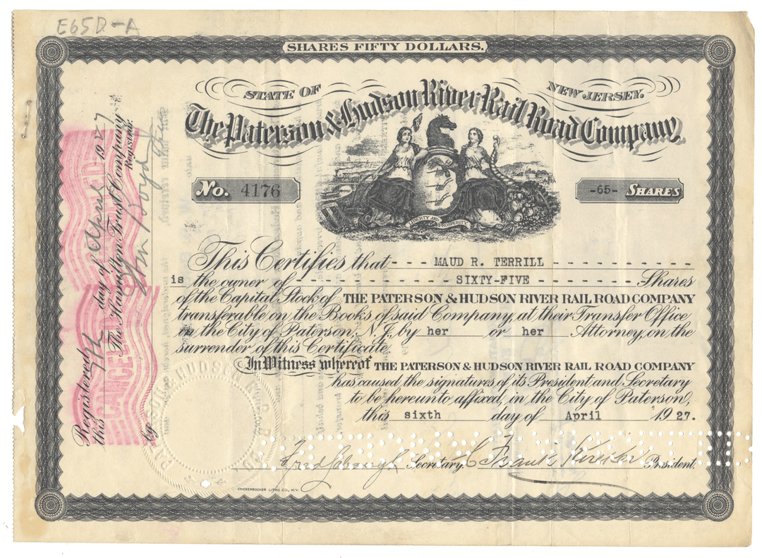 Paterson & Hudson River Rail Road Company Stock Certificate