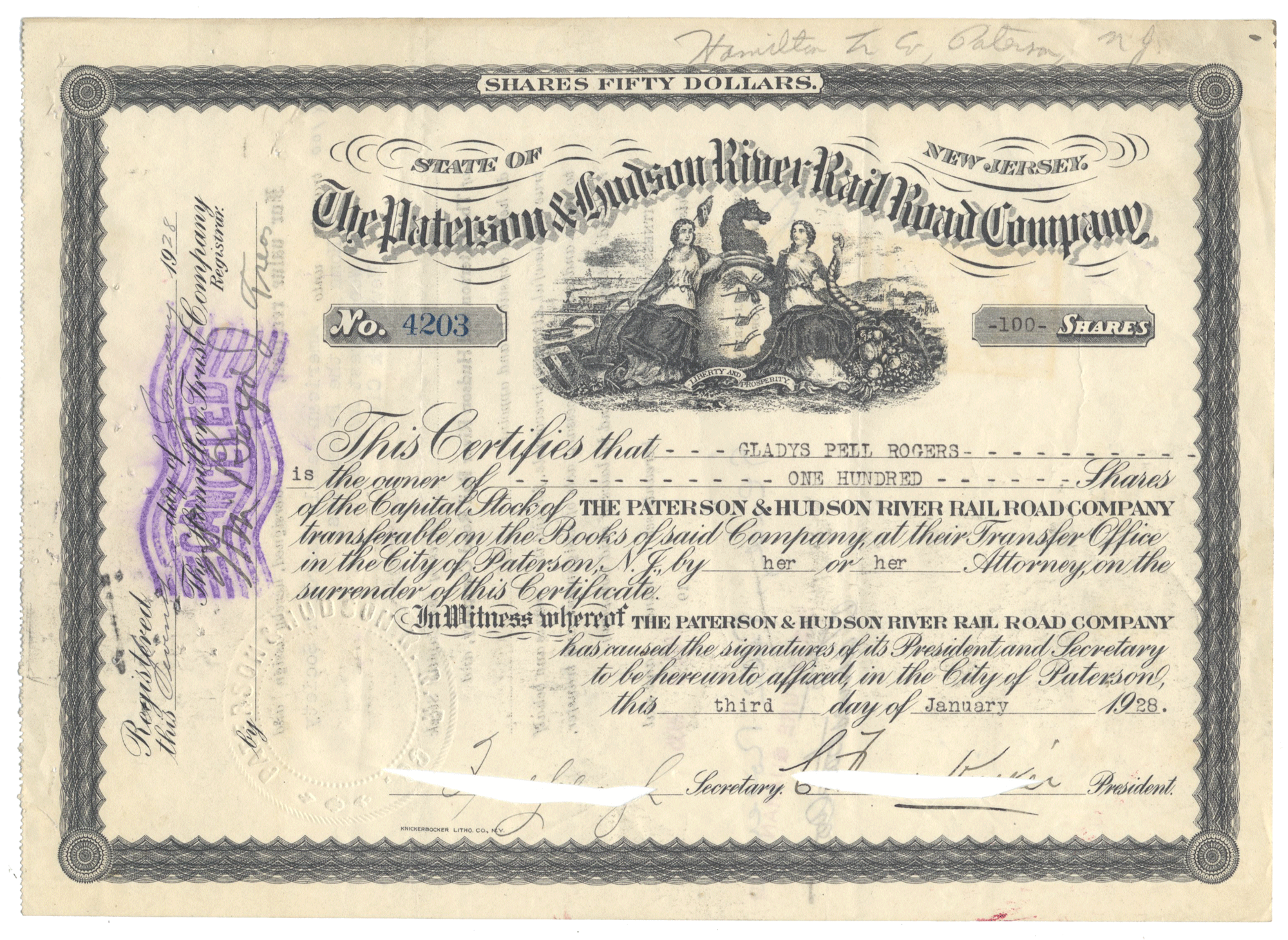 Paterson & Hudson River Rail Road Company Stock Certificate