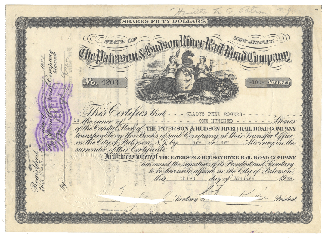 Paterson & Hudson River Rail Road Company Stock Certificate