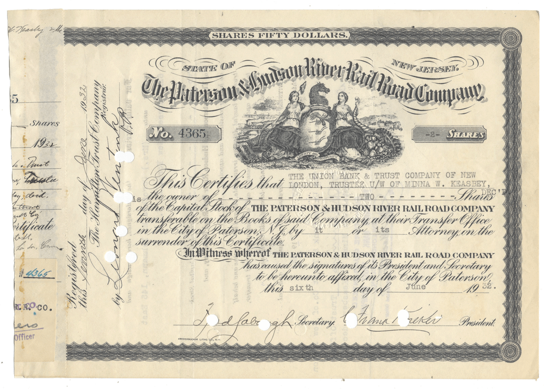 Vintage stock certificate of the Paterson & Hudson River Railroad Company from 1932