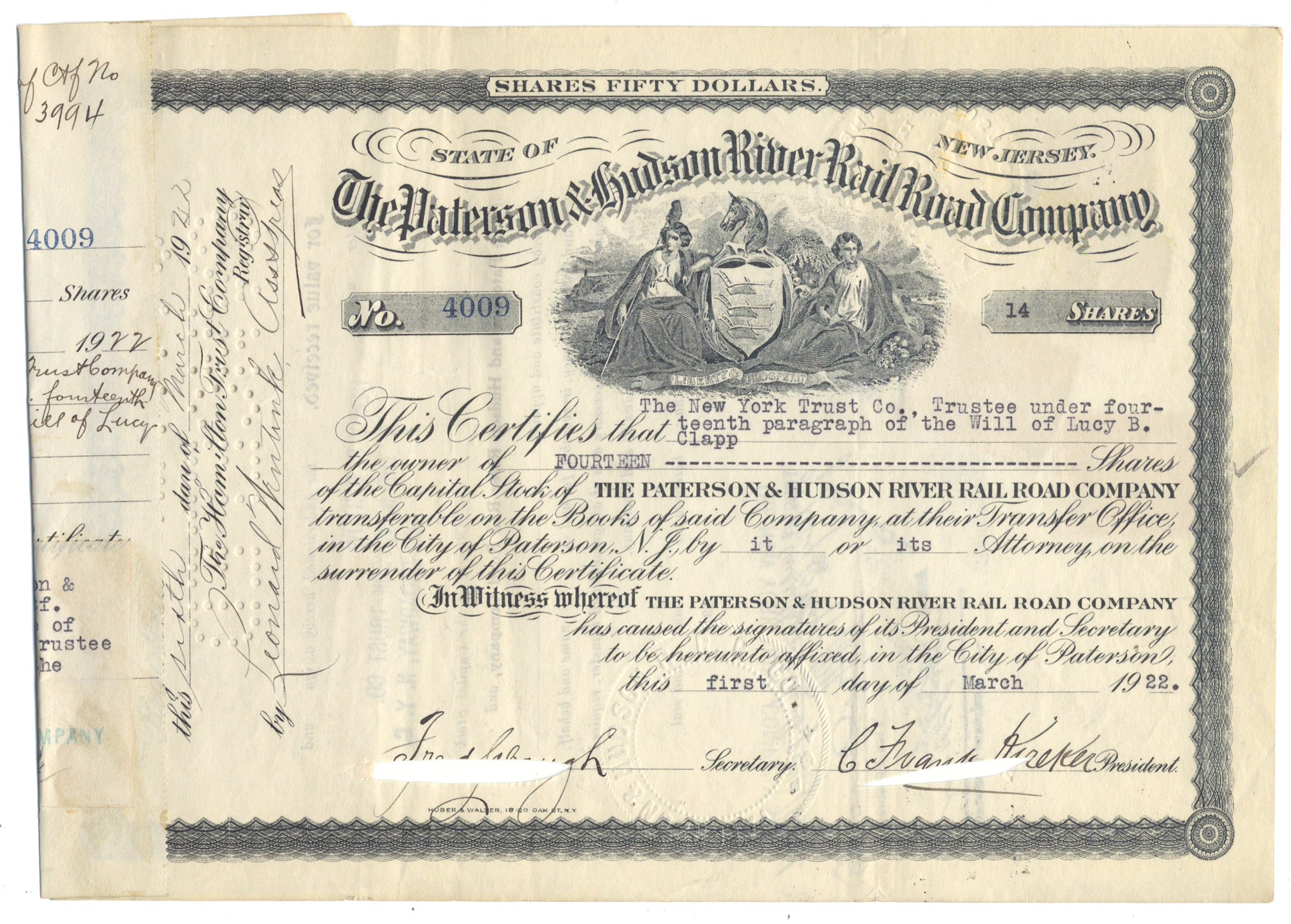 Paterson & Hudson River Rail Road Company Stock Certificate