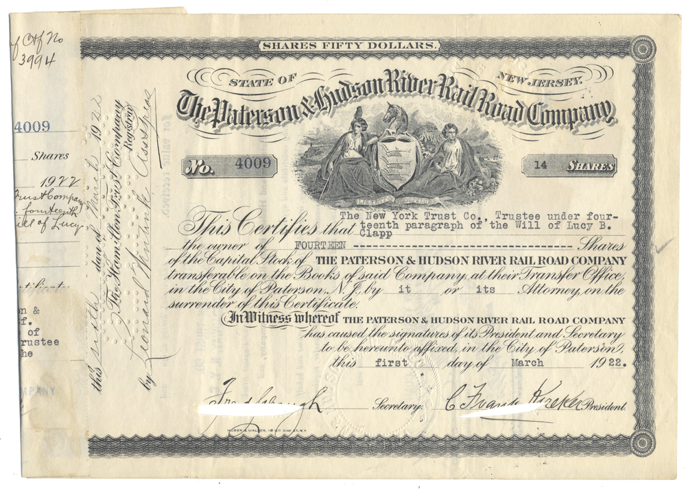 Paterson & Hudson River Rail Road Company Stock Certificate