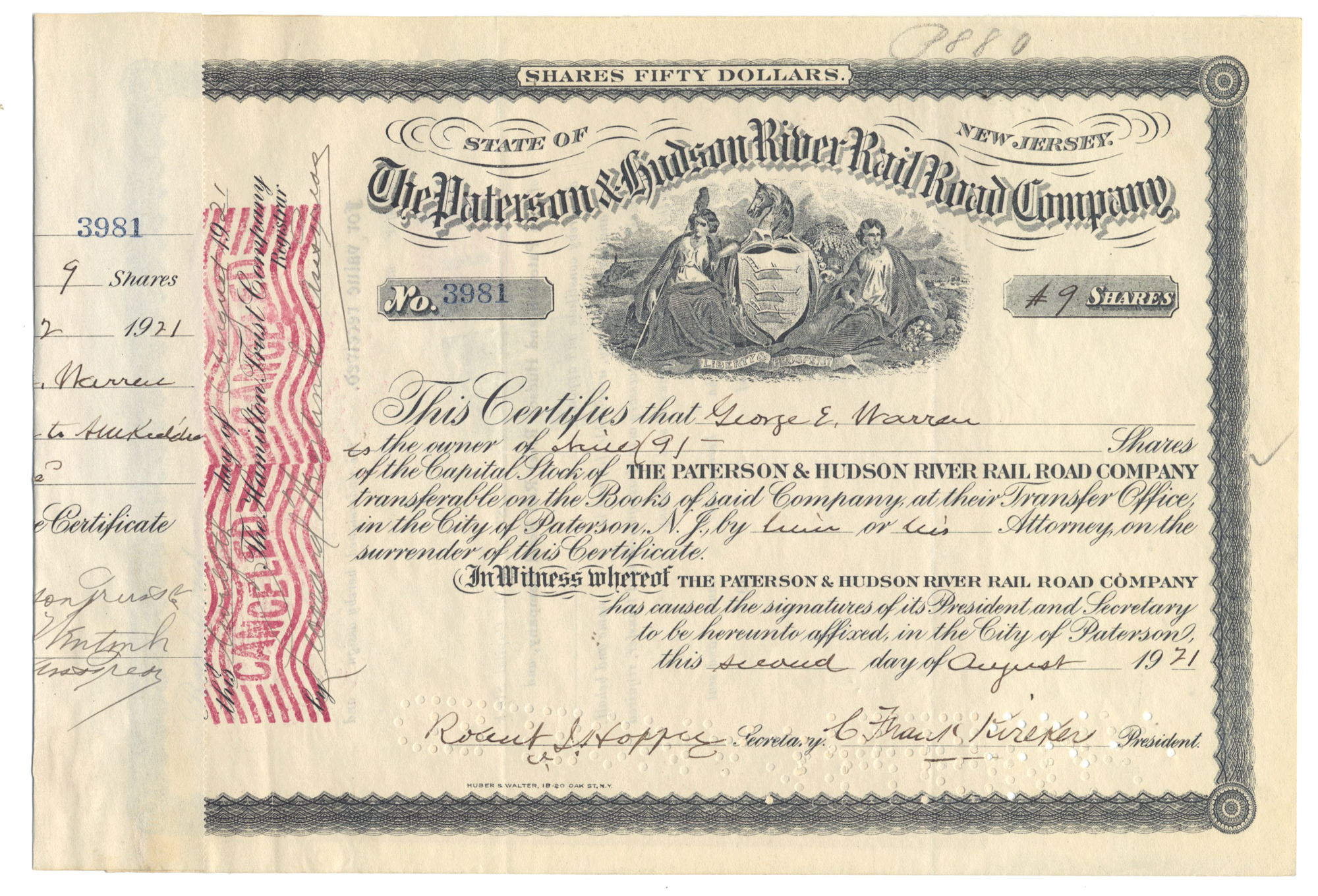 Vintage stock certificate from the Paterson & Hudson River Railroad Company from 1921