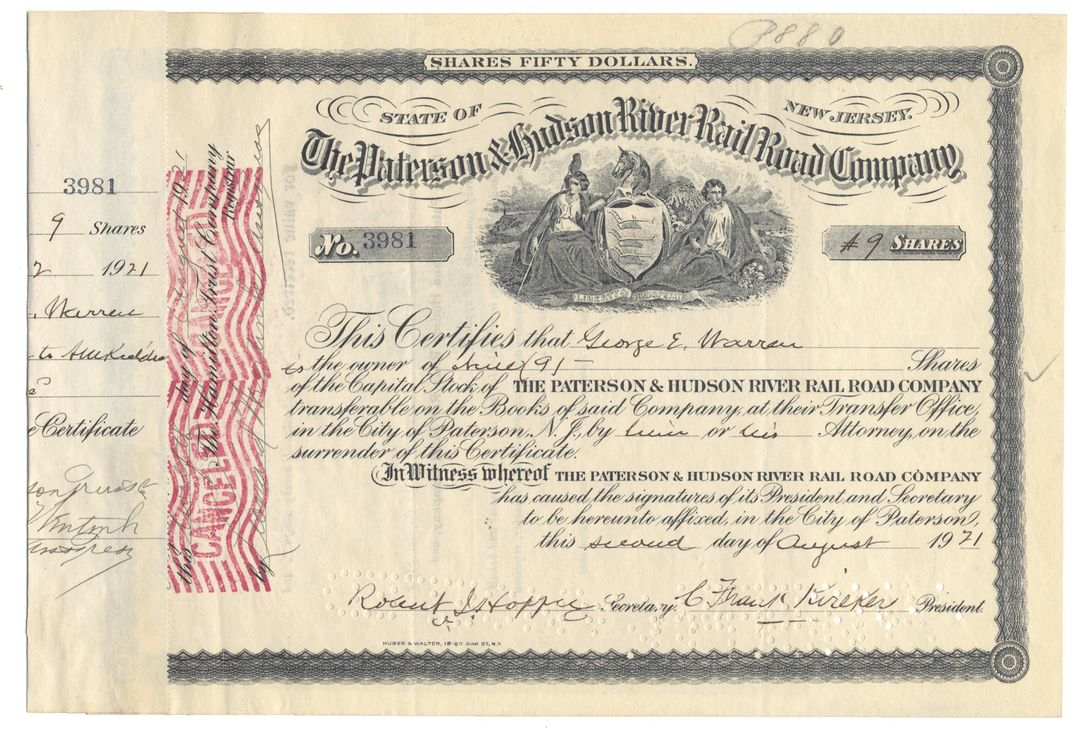 Vintage stock certificate from the Paterson & Hudson River Railroad Company from 1921