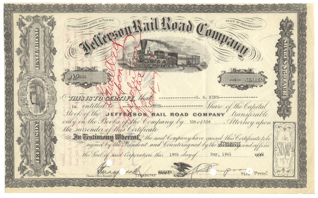 Vintage stock certificate for Jefferson Rail Road Company with train illustration