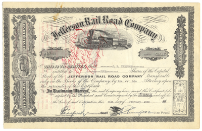 Jefferson Rail Road Company Stock Certificate
