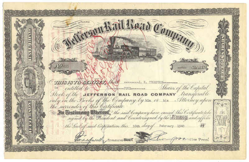 Jefferson Rail Road Company Stock Certificate