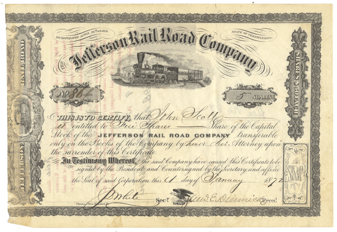 Vintage stock certificate for Jefferson Rail Road Company with decorative elements and a steam locomotive  from 1872