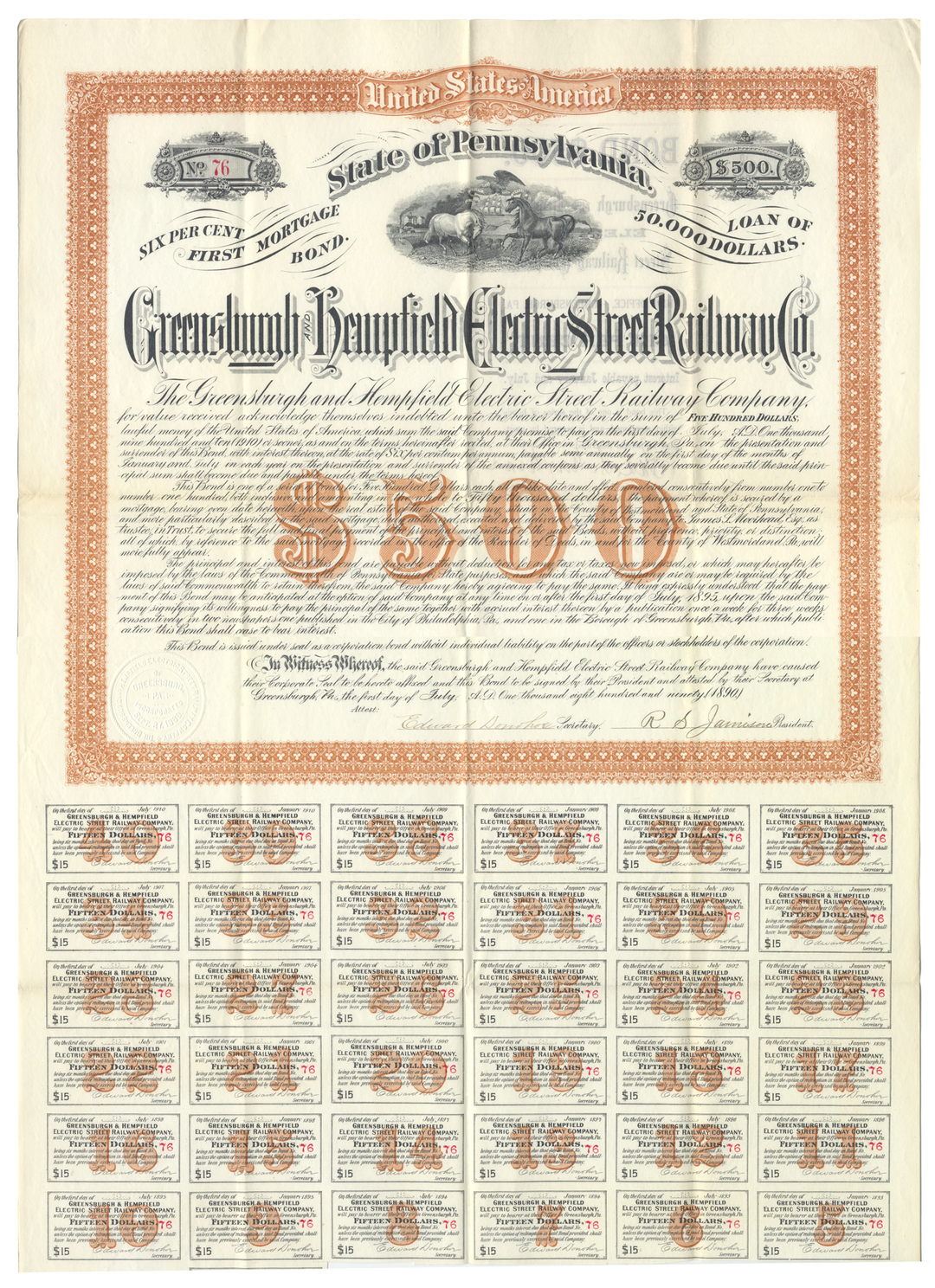 Greensburgh and Hempfield Electric Street Railway Company Bond Certificate