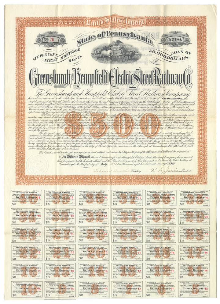 Greensburgh and Hempfield Electric Street Railway Company Bond Certificate