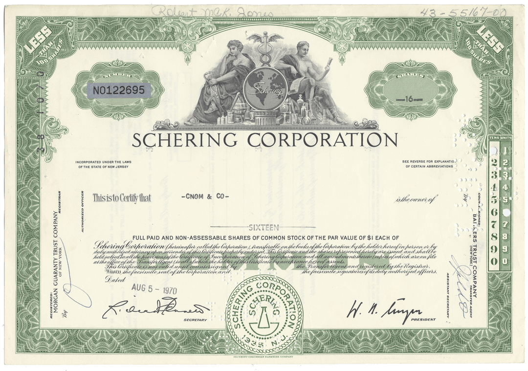 Schering Corporation stock certificate with green and white design