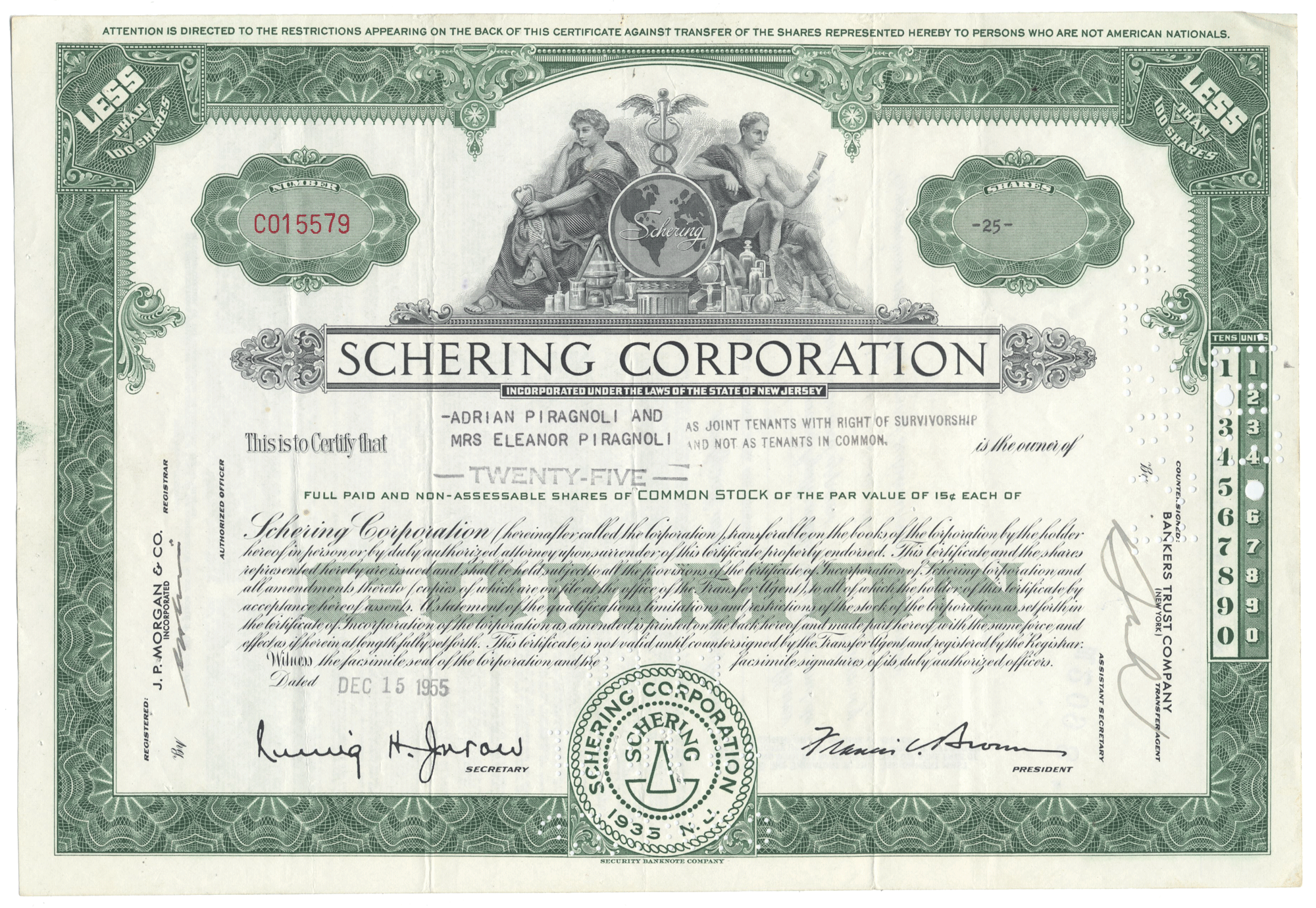 Schering Corporation stock certificate with green and white design from 1955