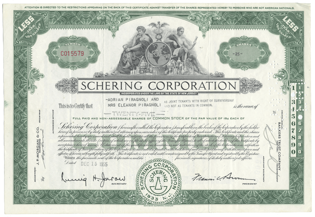 Schering Corporation stock certificate with green and white design from 1955