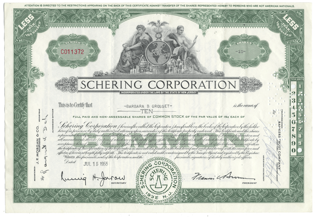 Schering Corporation stock certificate from 1955 with green and white design.