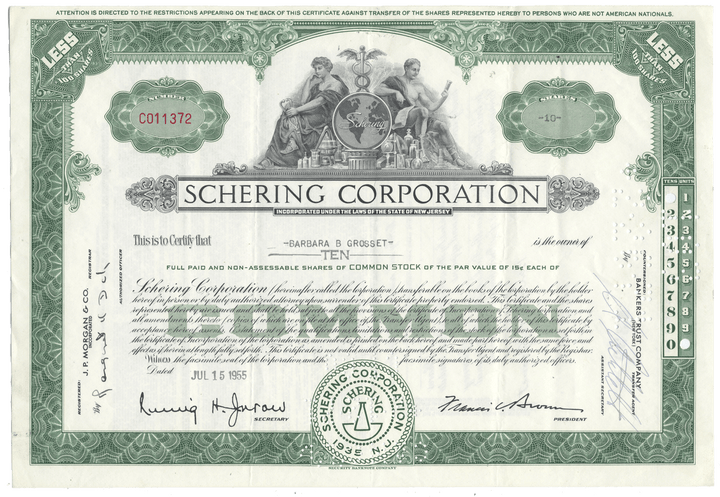 Schering Corporation stock certificate from 1955 with green and white design.