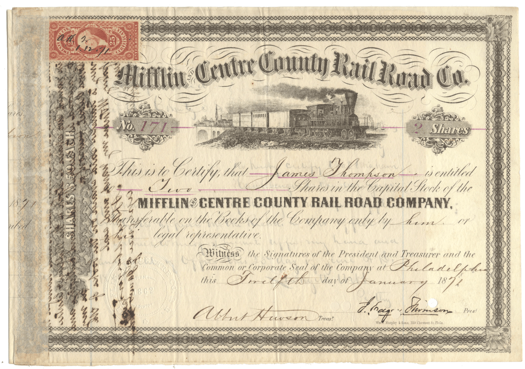 Historical stock certificate for Mifflin Centre County Rail Road Co. with steam locomotive illustration from 1871
