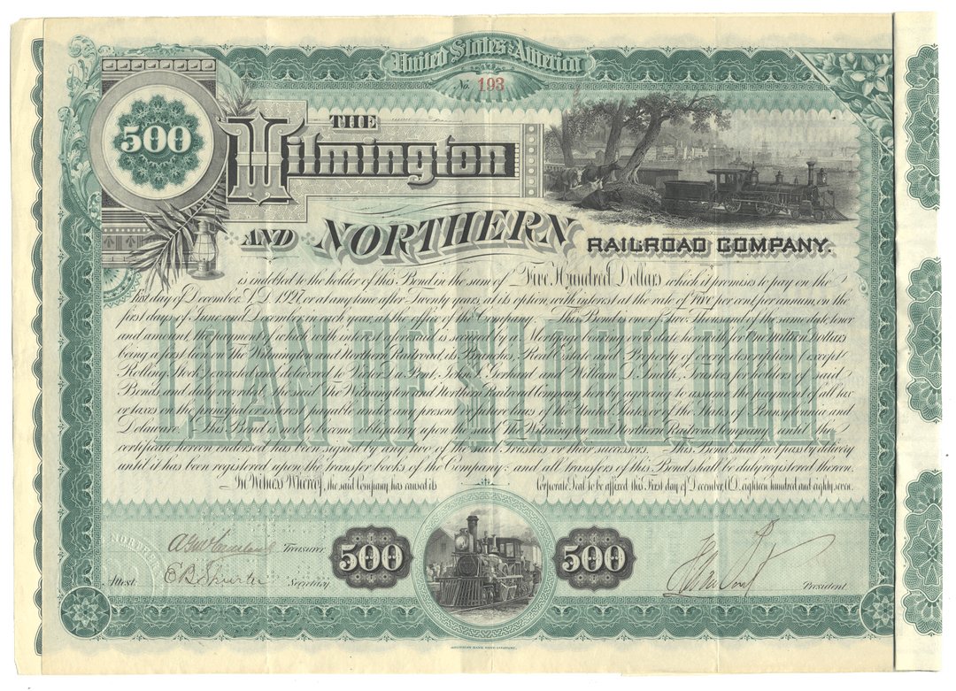 Wilmington and Northern Railroad Company  bond certificate from 1887 signed by Henry A. duPonte