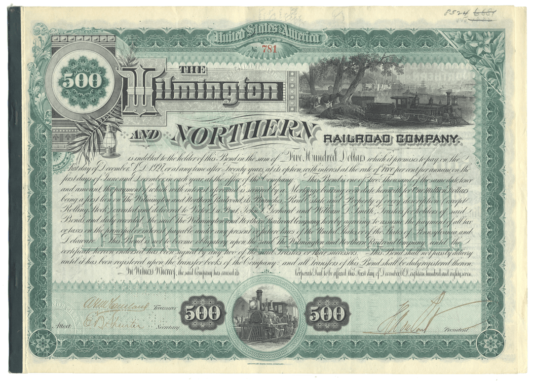 Wilmington and Northern Railroad Company Bond Certificate Signed by Henry A. duPont