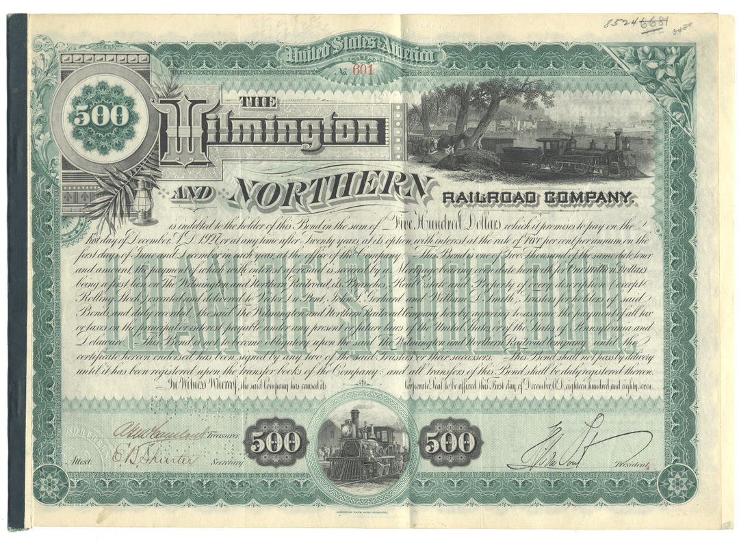 Wilmington and Northern Railroad Company Bond Certificate Signed by Henry A. duPont