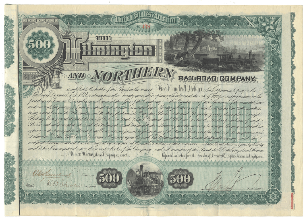 Wilmington and Northern Railroad Company Bond Certificate Signed by Henry A. duPont