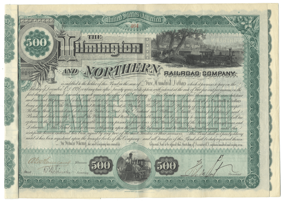 Wilmington and Northern Railroad Company Bond Certificate Signed by Henry A. duPont
