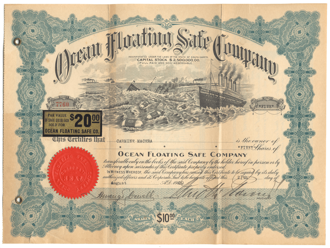 Vintage stock certificate for Ocean Floating Safe Company with decorative elements and illustration of a ship.