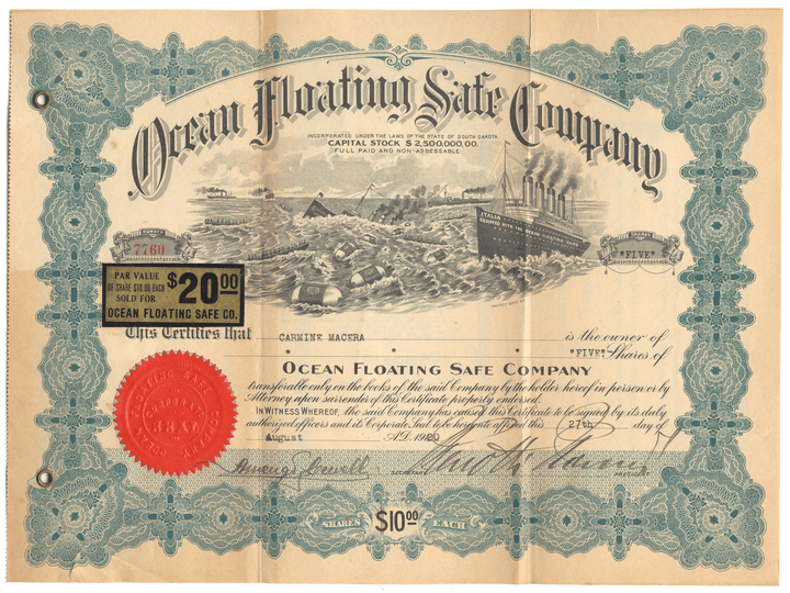 Vintage stock certificate for Ocean Floating Safe Company with decorative elements and illustration of a ship.