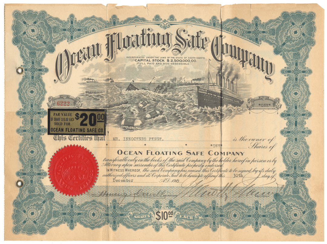 Vintage stock certificate for the Ocean Floating Safe Company with decorative elements and ship illustration.