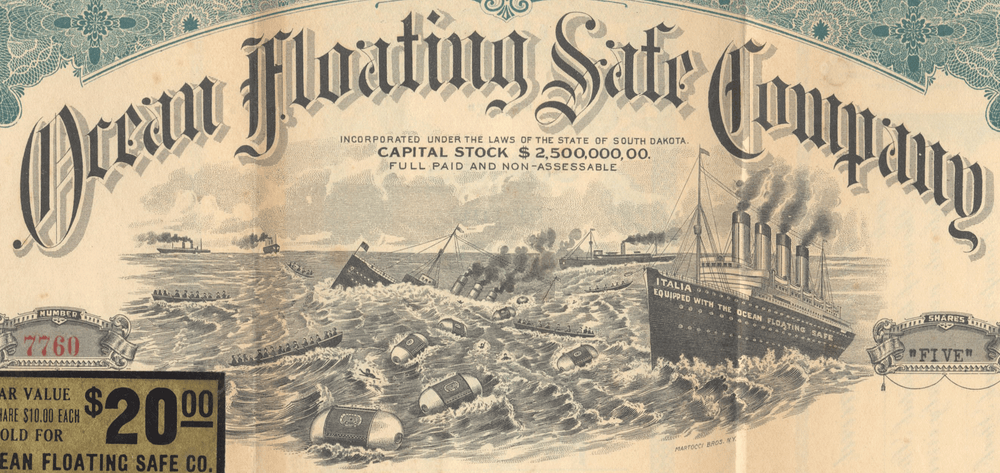 Vintage stock certificate for the Ocean Floating Safe Company with a ship illustration.