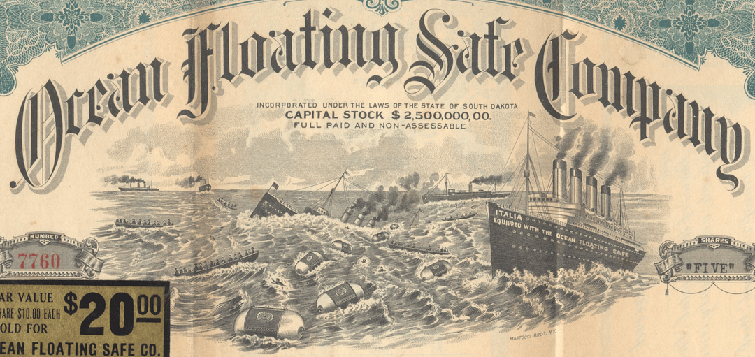 Vintage stock certificate for the Ocean Floating Safe Company with a ship illustration.
