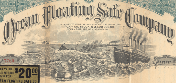Vintage stock certificate for the Ocean Floating Safe Company with a ship illustration.