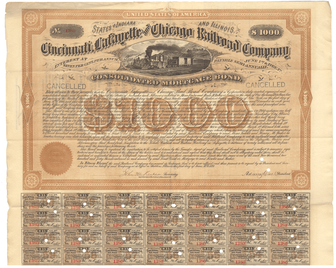 Cincinnati, Lafayette and Chicago Railroad Company Bond Certificate Signed by Adams Earl