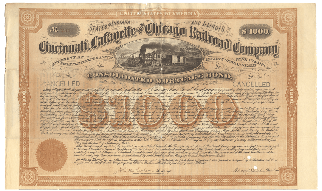 Cincinnati, Lafayette and Chicago Railroad Company bond certificate from 1874 Signed by Adams Earl