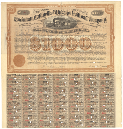Cincinnati, Lafayette and Chicago Railroad Company Bond Certificate Signed by Adams Earl