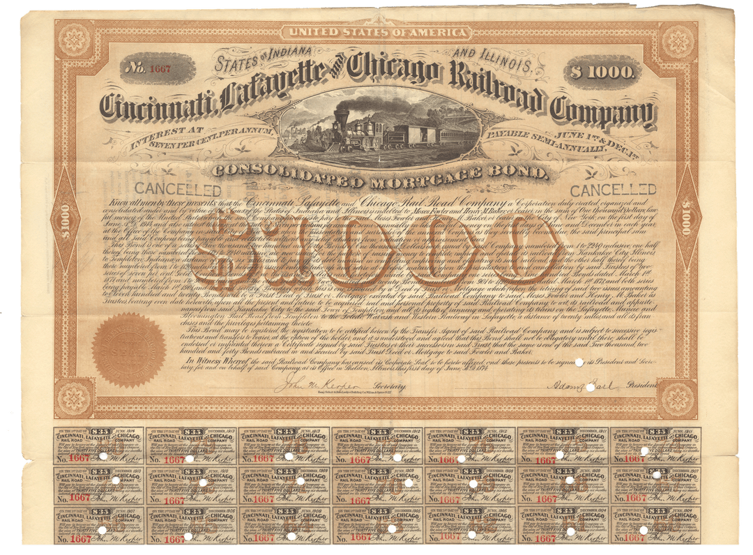 Cincinnati, Lafayette and Chicago Railroad Company bond certificate from 1874 Signed by Adams Earl