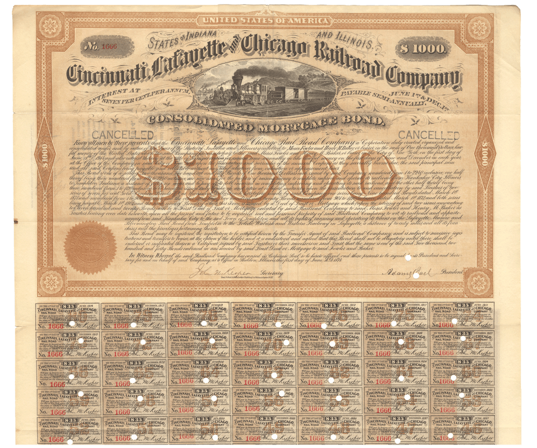 Cincinnati, Lafayette and Chicago Railroad Company Bond Certificate Signed by Adams Earl