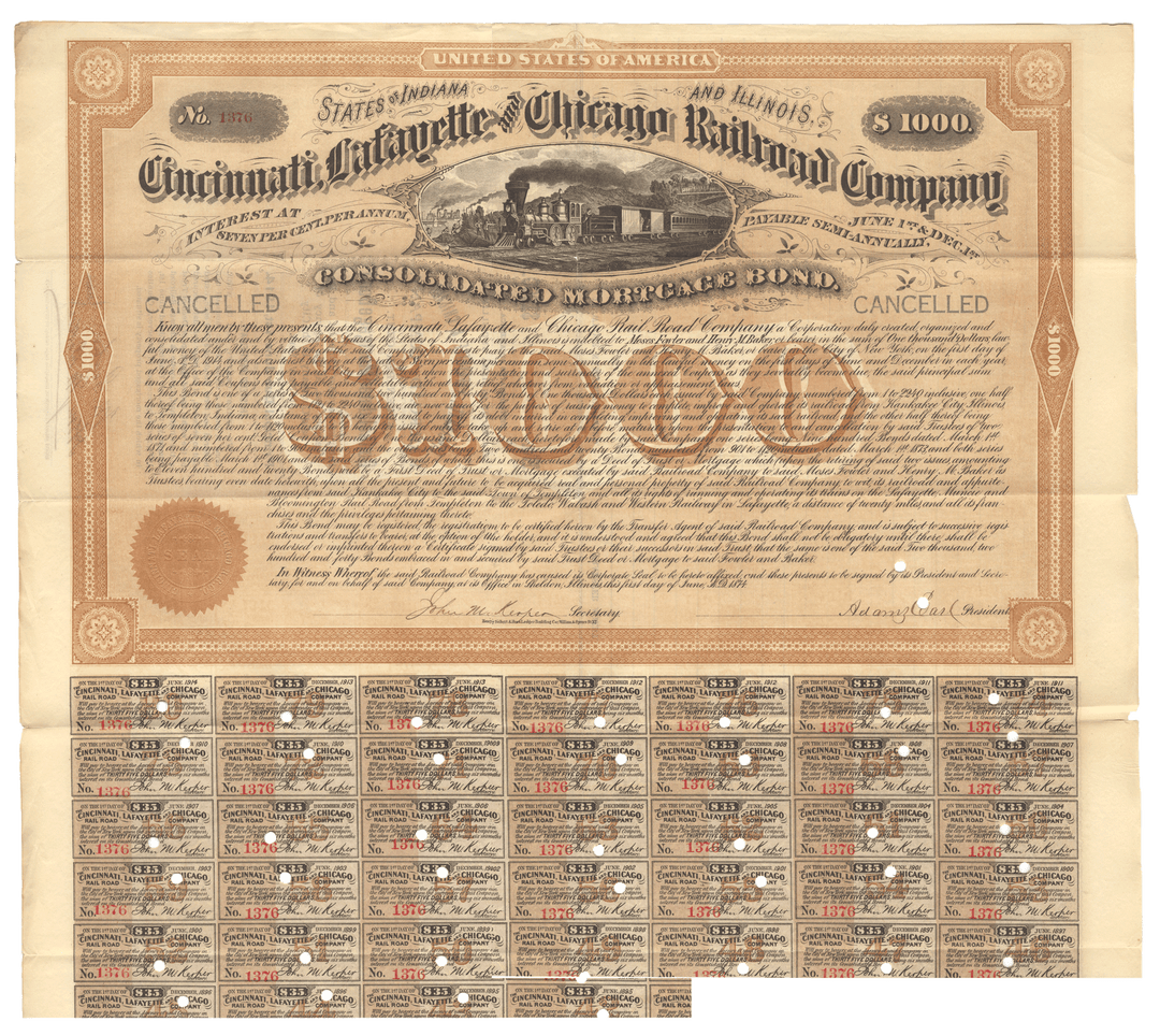 Cincinnati, Lafayette and Chicago Railroad Company Bond Certificate Signed by Adams Earl