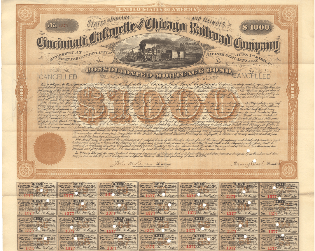 Historical bond certificate from the Cincinnati, Columbus & Chicago Railroad Company with text and a train illustration.