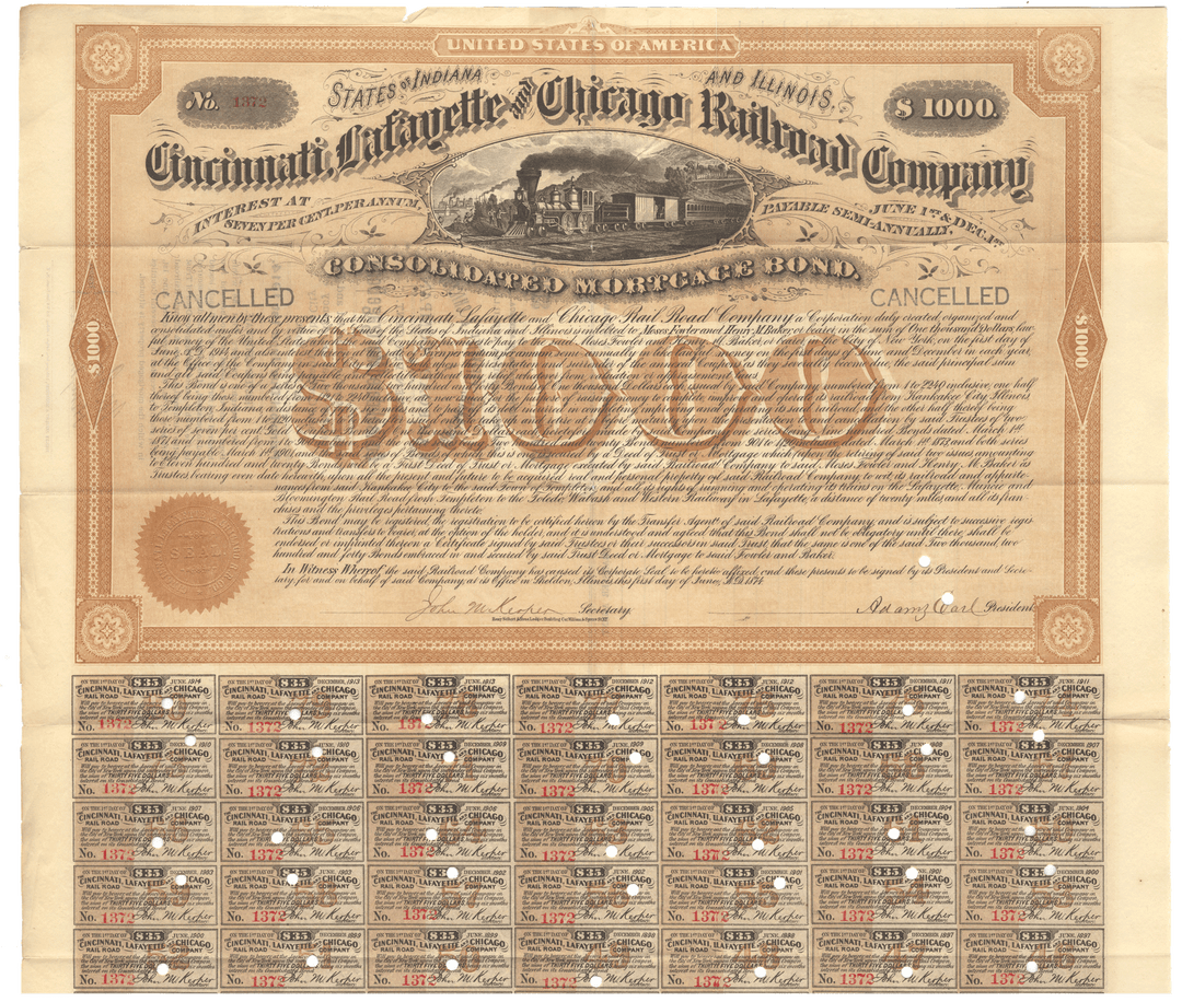 Cincinnati, Lafayette and Chicago Railroad Company Bond Certificate Signed by Adams Earl