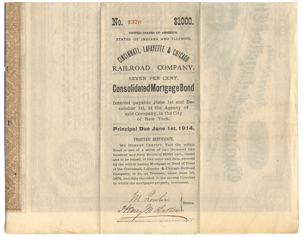 Cincinnati, Lafayette and Chicago Railroad Company Bond Certificate Signed by Adams Earl