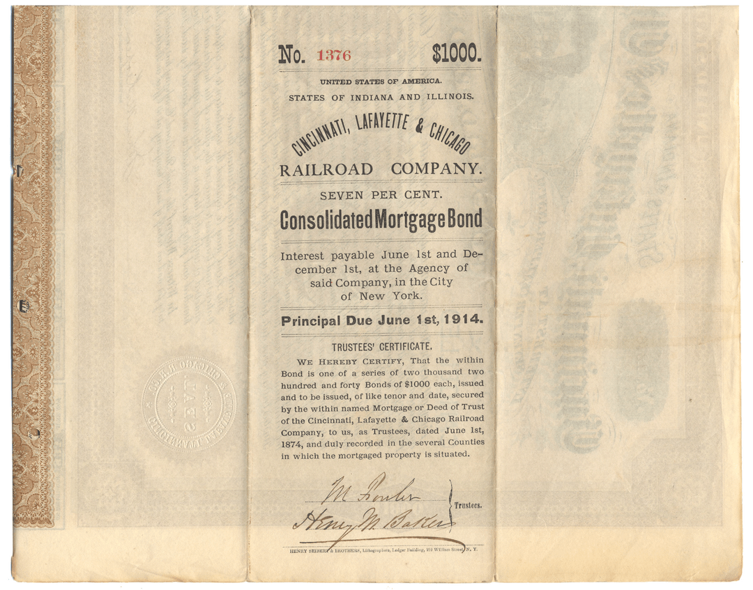 Cincinnati, Lafayette and Chicago Railroad Company Bond Certificate Signed by Adams Earl