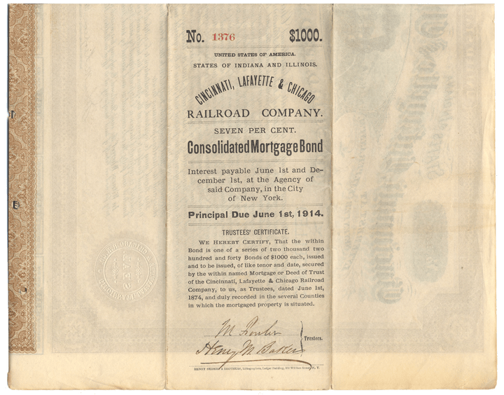 Cincinnati, Lafayette and Chicago Railroad Company Bond Certificate Signed by Adams Earl