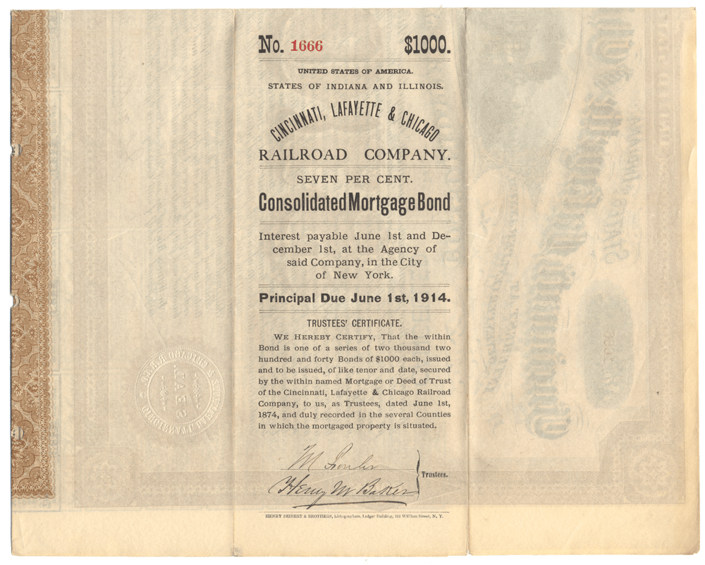 Cincinnati, Lafayette and Chicago Railroad Company Bond Certificate Signed by Adams Earl